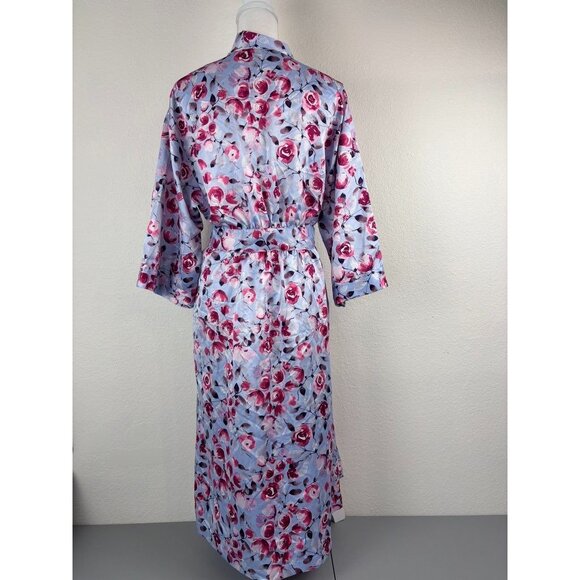 Cabernet women's medium blue floral mid length satin kimono long sleeve robe - Picture 6 of 8